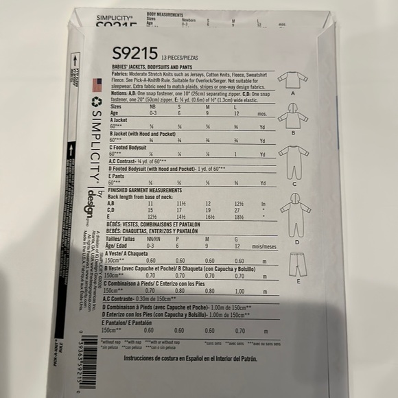 Brand new Simplicity S9215 Pattern Babies Jackets, Bodysuits and Pants - Picture 3 of 3